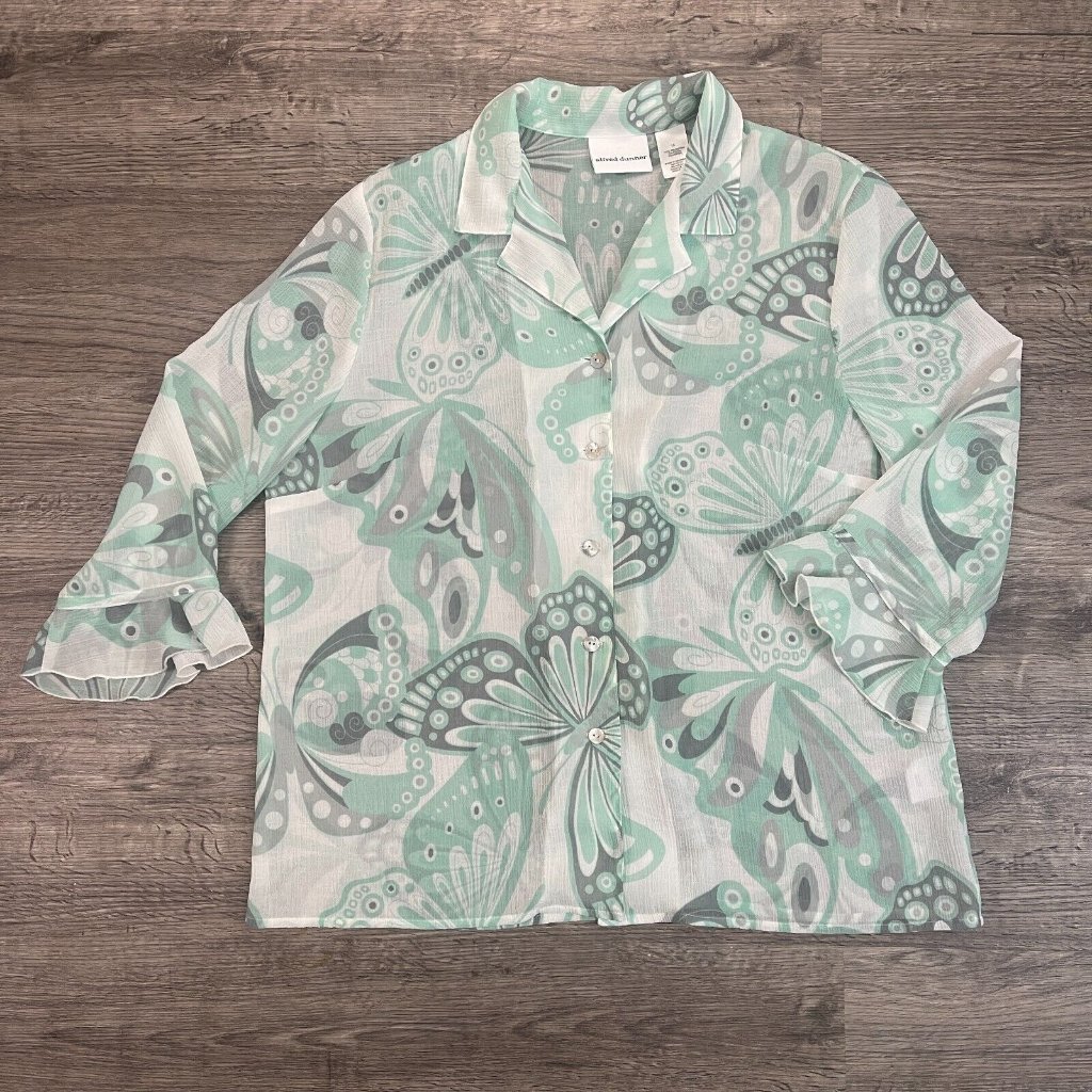 Vintage Funky Alfred Dunner White Mint Gray Butterfly Flare Sleeve Blouse Sz 12